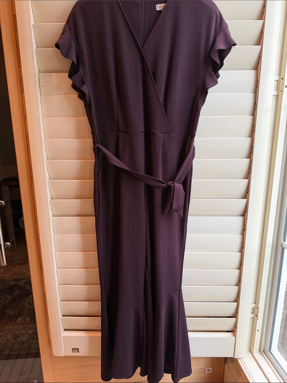 Neiman Marcus Deep Plum Wrap Jumpsuit with Tie Waist